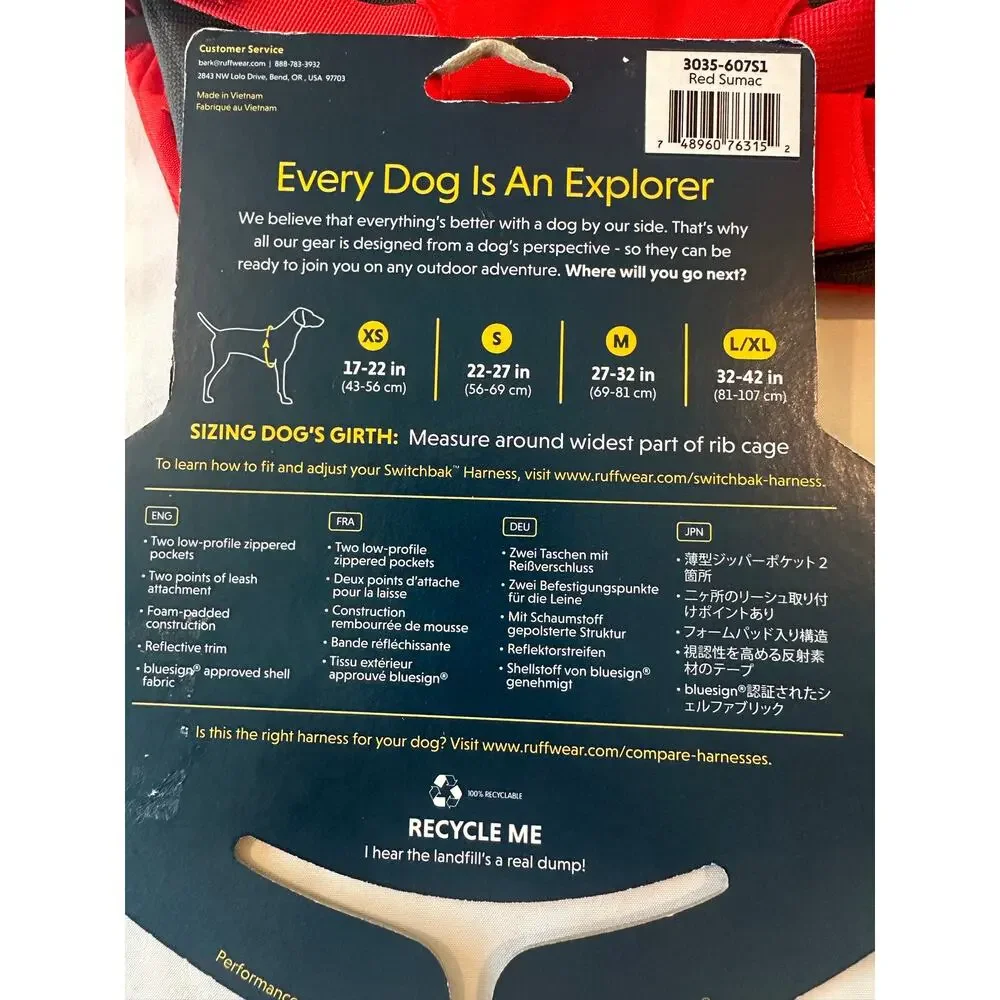 Ruffwear Switchback Dog Back Pack Harness Pockets, Padding, Reflective Red XS